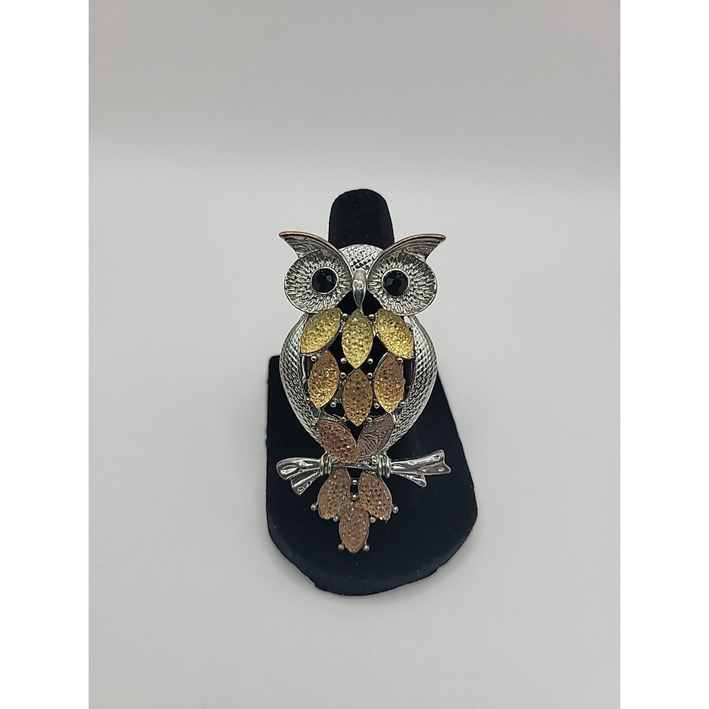 Vintage Silver Tone Owl Stretch Ring Gold Tone Accents Whimsical Animal Jewelry - Picture 10 of 10